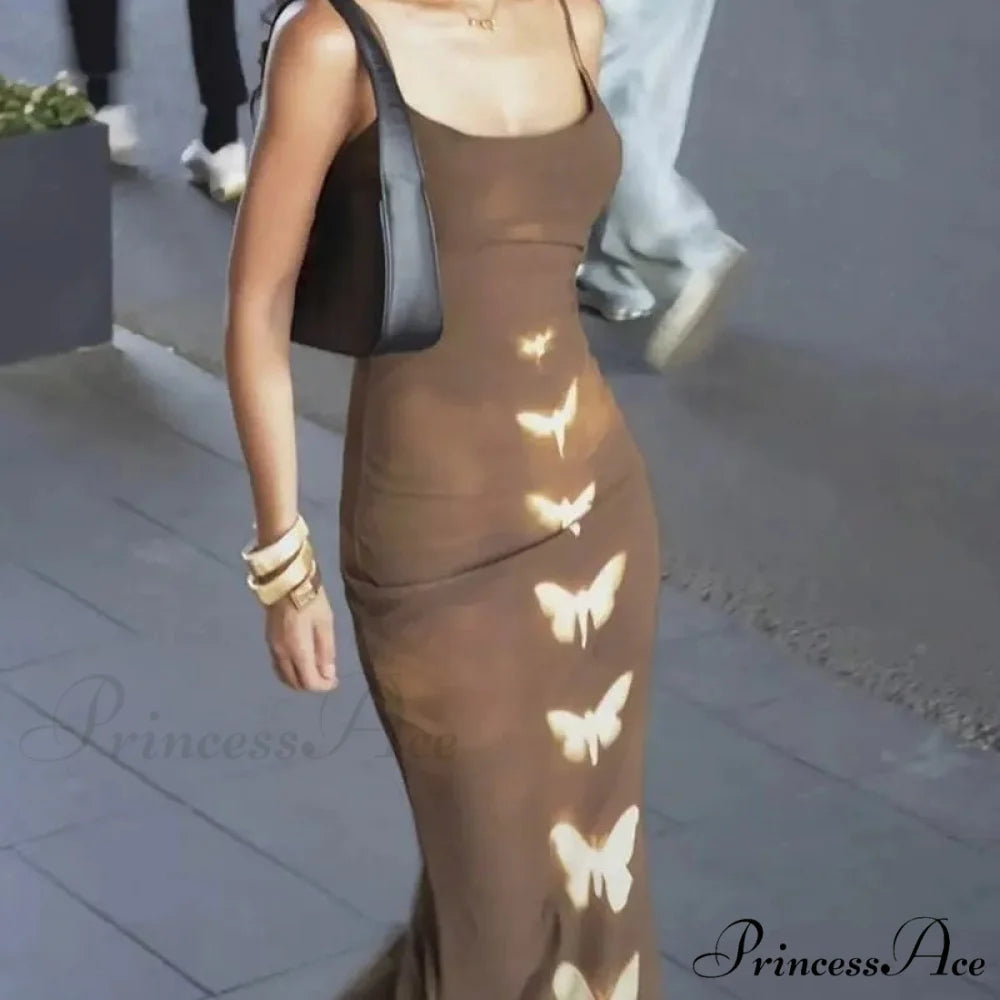 Summer Sleeveless Fashion Print Backless Slim Strap Long Elegant Club Party Bodycon Dress