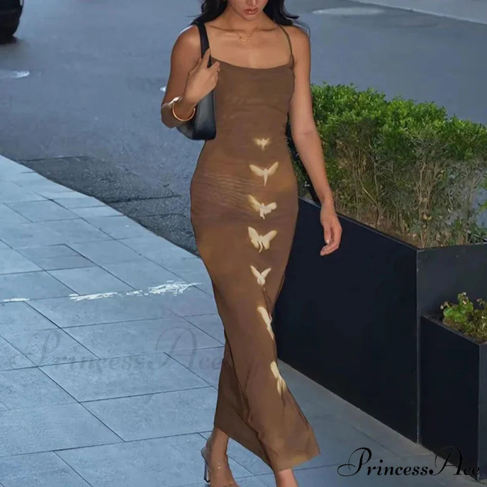 Summer Sleeveless Fashion Print Backless Slim Strap Long Elegant Club Party Bodycon Dress