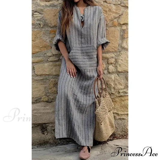 Summer Striped Cotton Linen Oversize Long Boho Dress GRAY / L