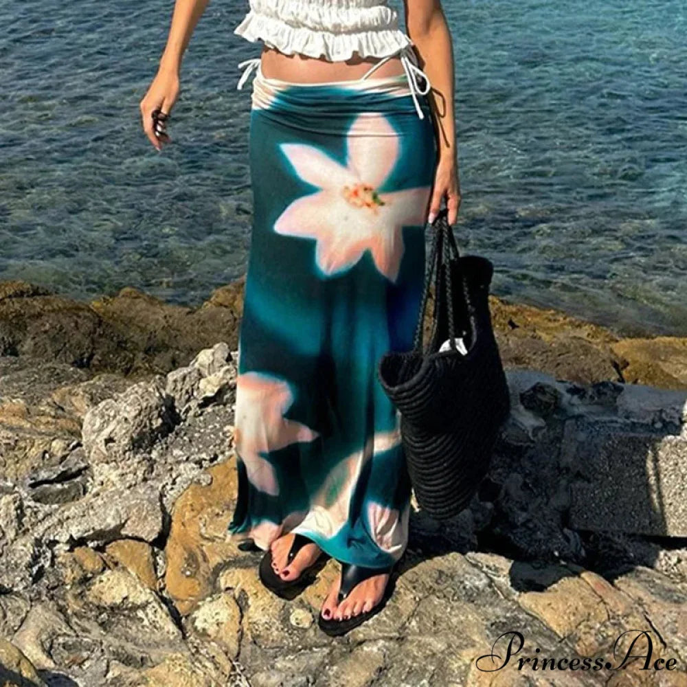 Summer Style Azure Pattern High Rise Maxi Skirt Nightclub Skirt skirt-250126