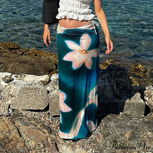 Summer Style Azure Pattern High Rise Maxi Skirt Nightclub Skirt skirt-250126