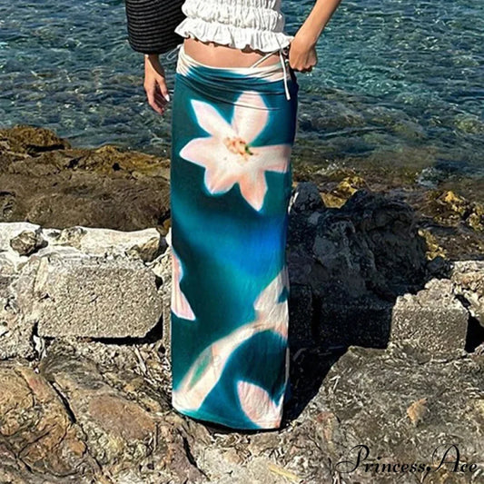 Summer Style Azure Pattern High Rise Maxi Skirt Nightclub Skirt Blue / S skirt-250126