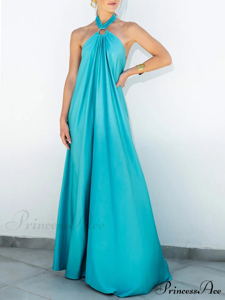 Summer Temperament Satin Charming Halter Swing Gown Dresses Blue / S