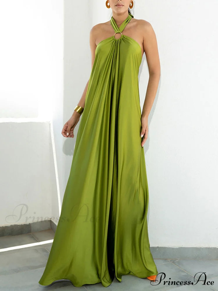 Summer Temperament Satin Charming Halter Swing Gown Dresses Light Green / S