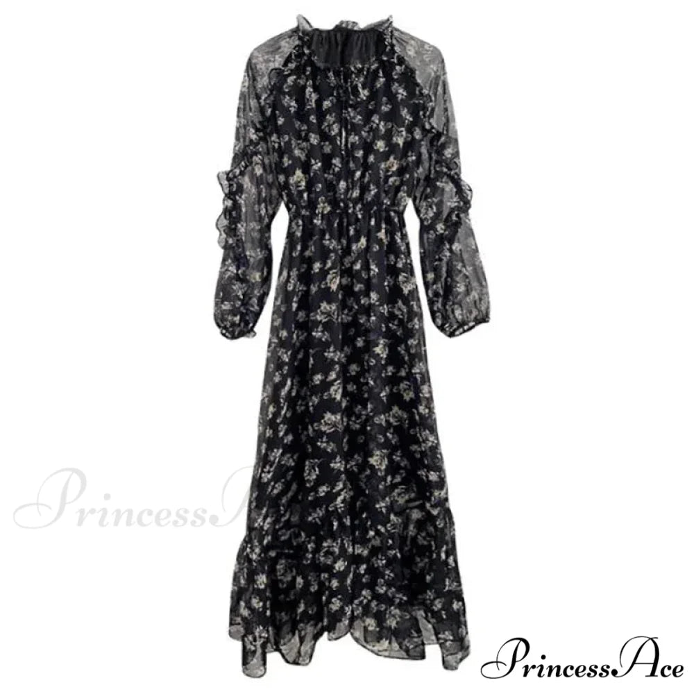 Summer Thin Floral Chiffon Lace Vintage Black Boho Dress Black / S