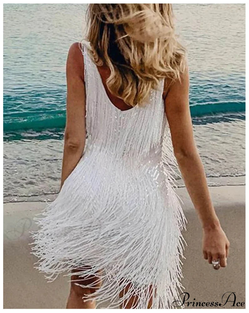 Summer V-Neck Sequins Tassel Feather Mini Dress S / YELLOW