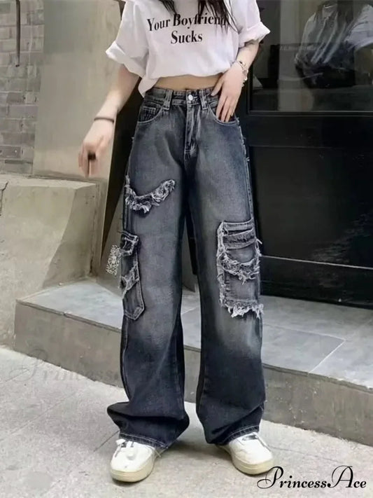 Summer Vintage Washed and Worn Out Versatile Straight Drop High Waist Wide Leg Women’s Jean