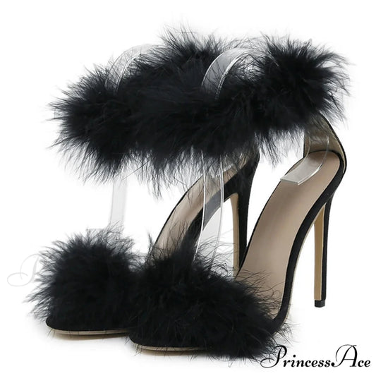SummerFashion Faux-Fur Ankle-Strap Sandals Open-Toe Fluffy-Feather High-Heels Party Dress Women Sandals High Heel Black