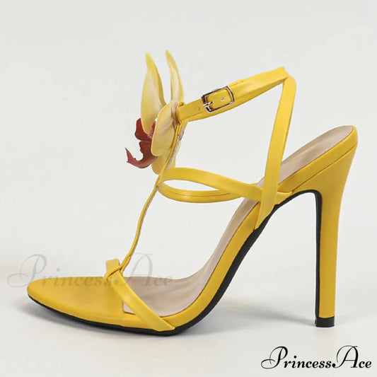 SummerFashion Flowers Ankle-Strap Gladiator Sandals Cozy Open-Toe Yellow High-Heels Party Dress High Heel Yellow / 36