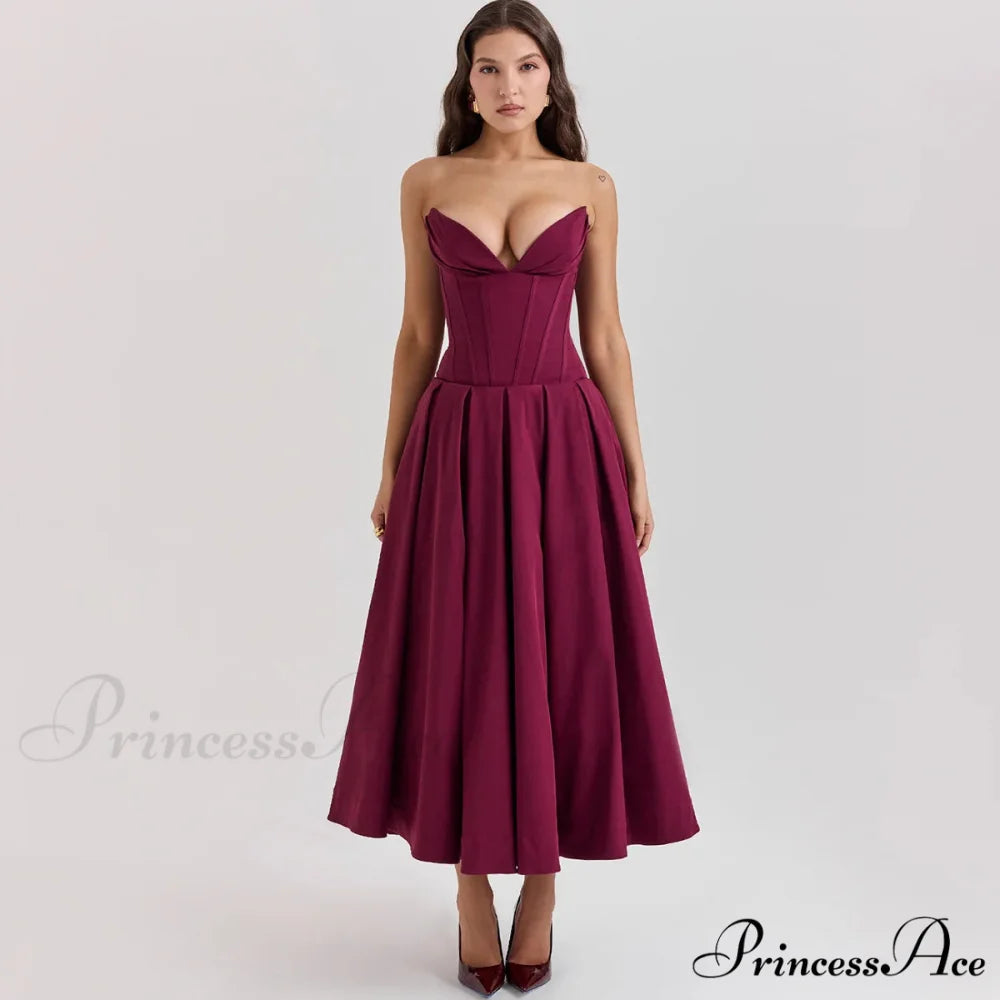 Suninheart Black Elegant Wedding Events Dress Sexy Strapless Corset Christmas Party Dress Burgundy / s