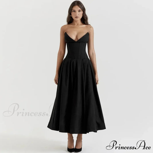 Suninheart Black Elegant Wedding Events Dress Sexy Strapless Corset Christmas Party Dress black / s