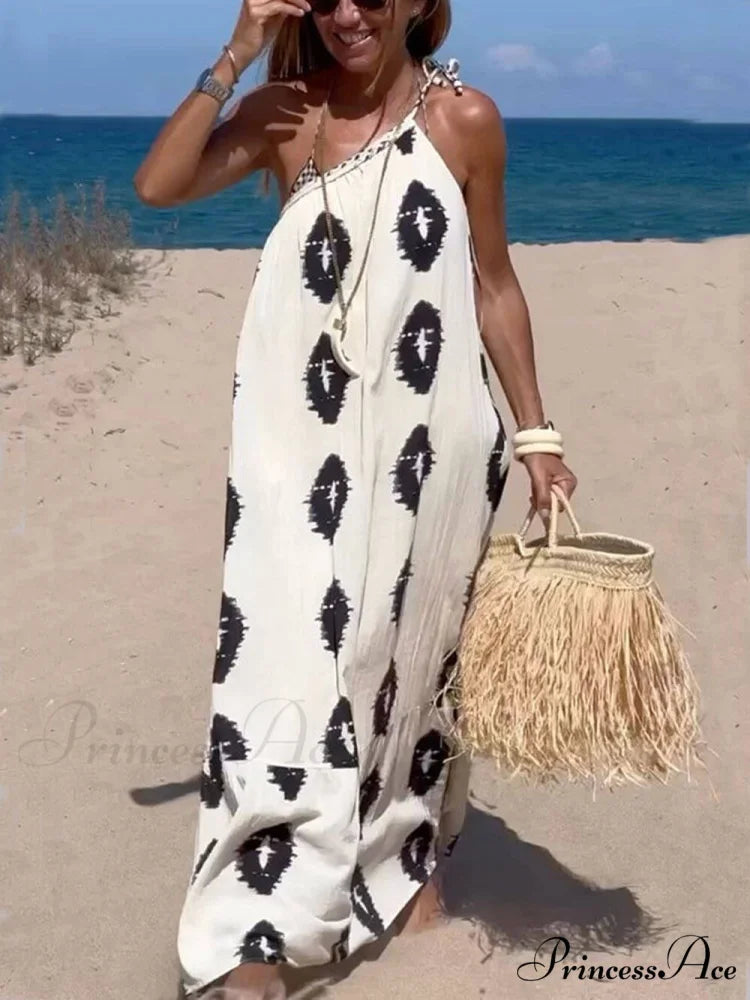 Sunshine Ethnic Print One Graceful Shoulder Loose Maxi Dress White / S