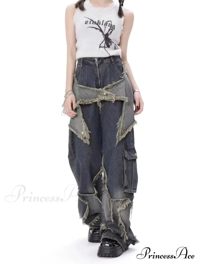 Super Beautiful Flower High Waist Summer Loose Wide Leg Vintage Unique Versatile Straight Women’s Jean