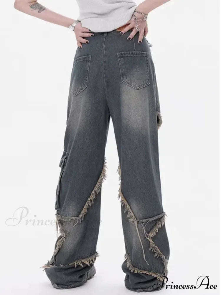 Super Beautiful Flower High Waist Summer Loose Wide Leg Vintage Unique Versatile Straight Women’s Jean
