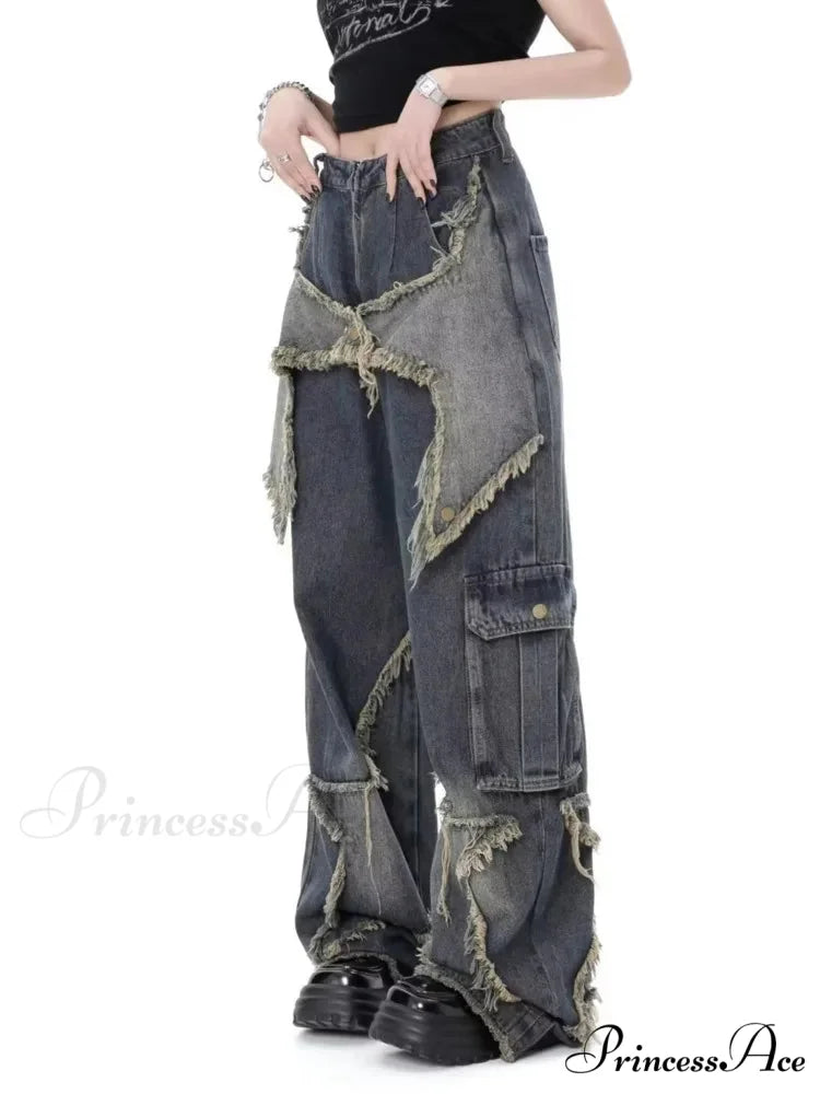 Super Beautiful Flower High Waist Summer Loose Wide Leg Vintage Unique Versatile Straight Women’s Jean