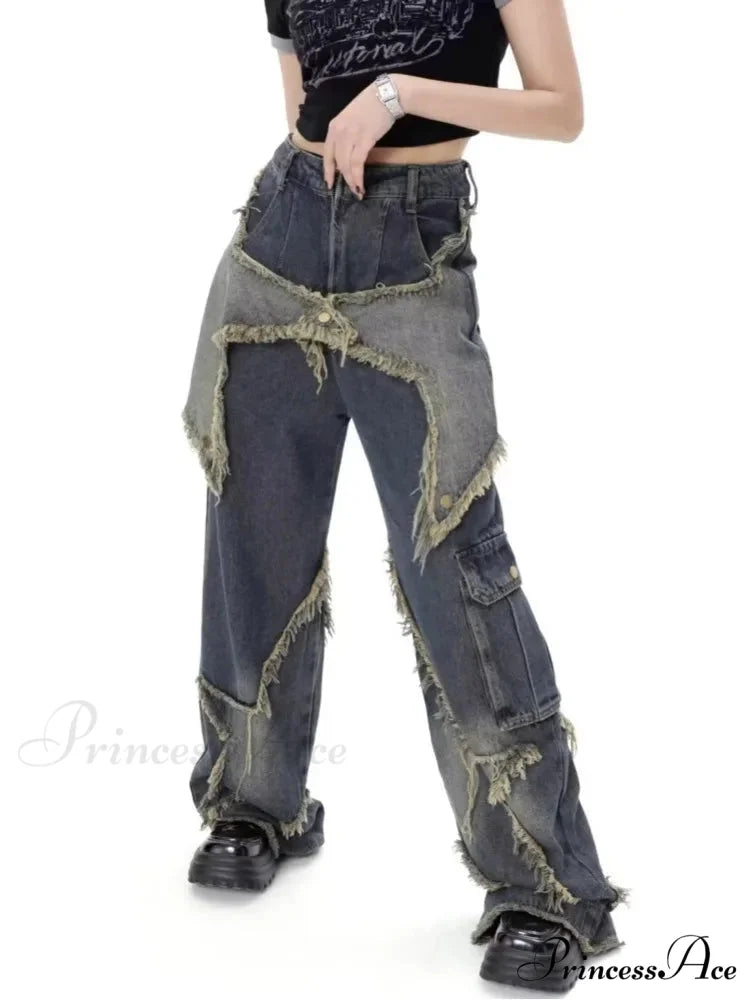 Super Beautiful Flower High Waist Summer Loose Wide Leg Vintage Unique Versatile Straight Women’s Jean