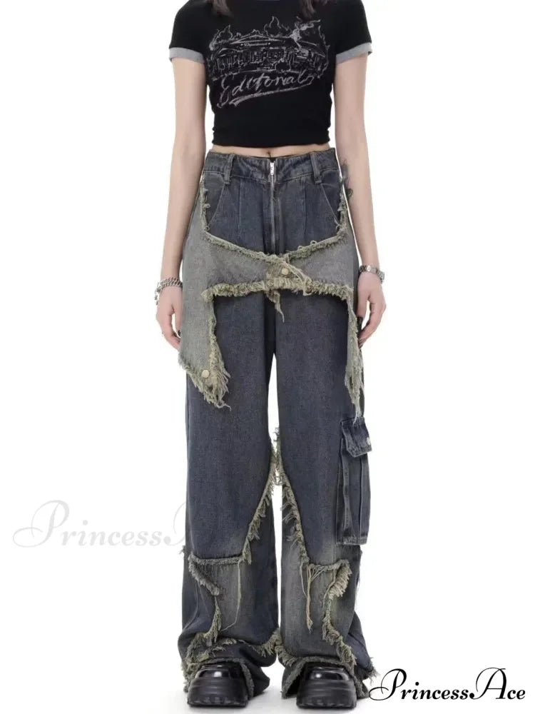 Super Beautiful Flower High Waist Summer Loose Wide Leg Vintage Unique Versatile Straight Women’s Jean Retro Blue / S