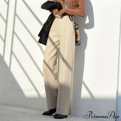 Super High Waist Wool Blend Warm Loose Cashmere Thick Woolen Pants Beige / S 40-50kg