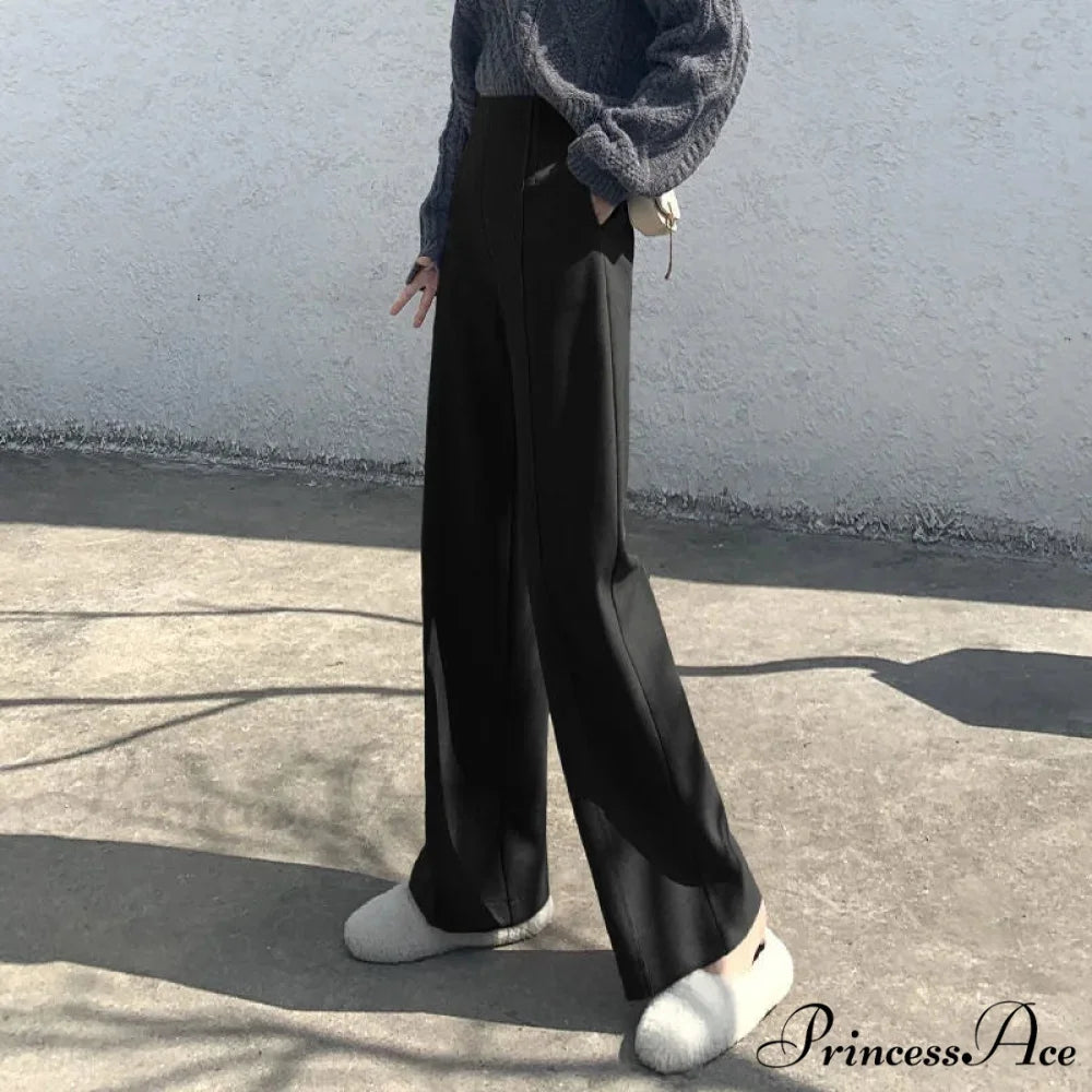 Super High Waist Wool Blend Warm Loose Cashmere Thick Woolen Pants Black / S 40-50kg