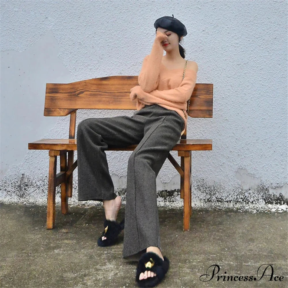 Super High Waist Wool Blend Warm Loose Cashmere Thick Woolen Pants Dark Grey / S 40-50kg