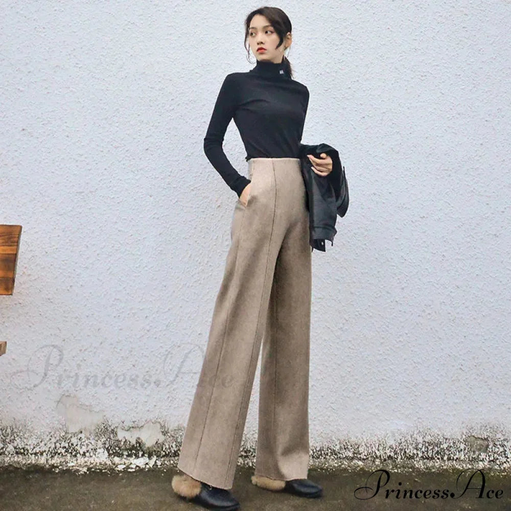 Super High Waist Wool Blend Warm Loose Cashmere Thick Woolen Pants Khaki / S 40-50kg