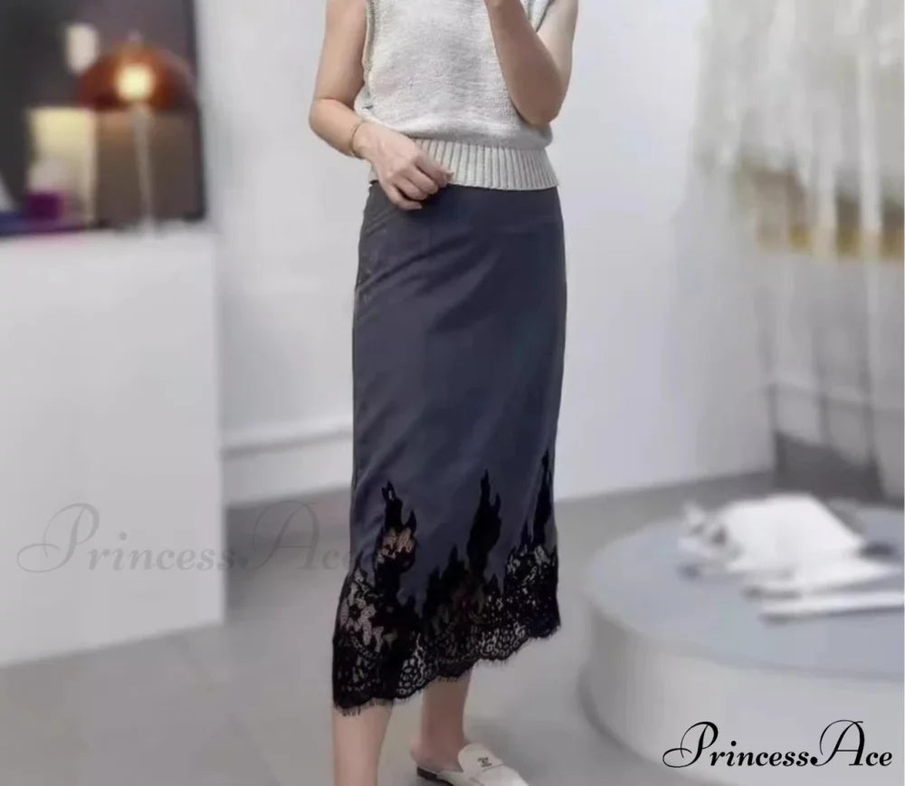 Superior Skirt with Lace Distinctive Design for Office Ladies Grey / M skirt-250126