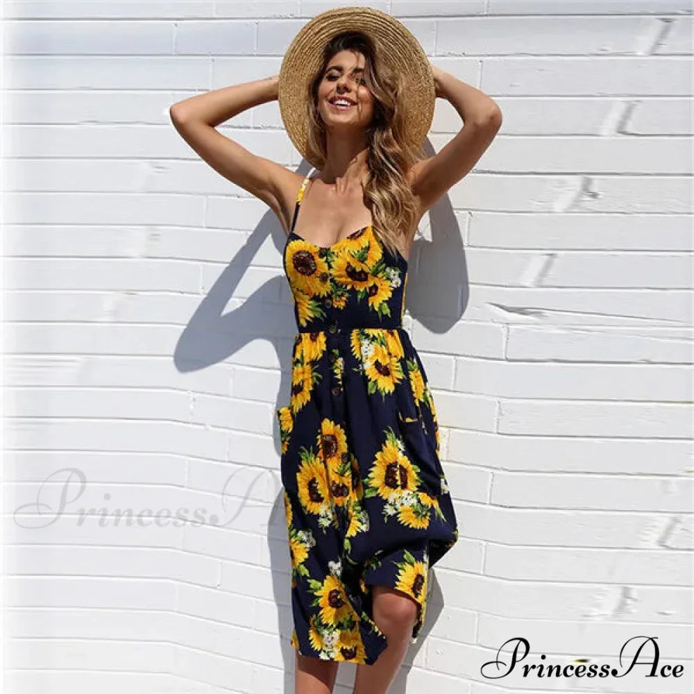 Suspend V-neck Sleeveless Floral Holiday Dress Navy blue / S oldfloraldress-250126