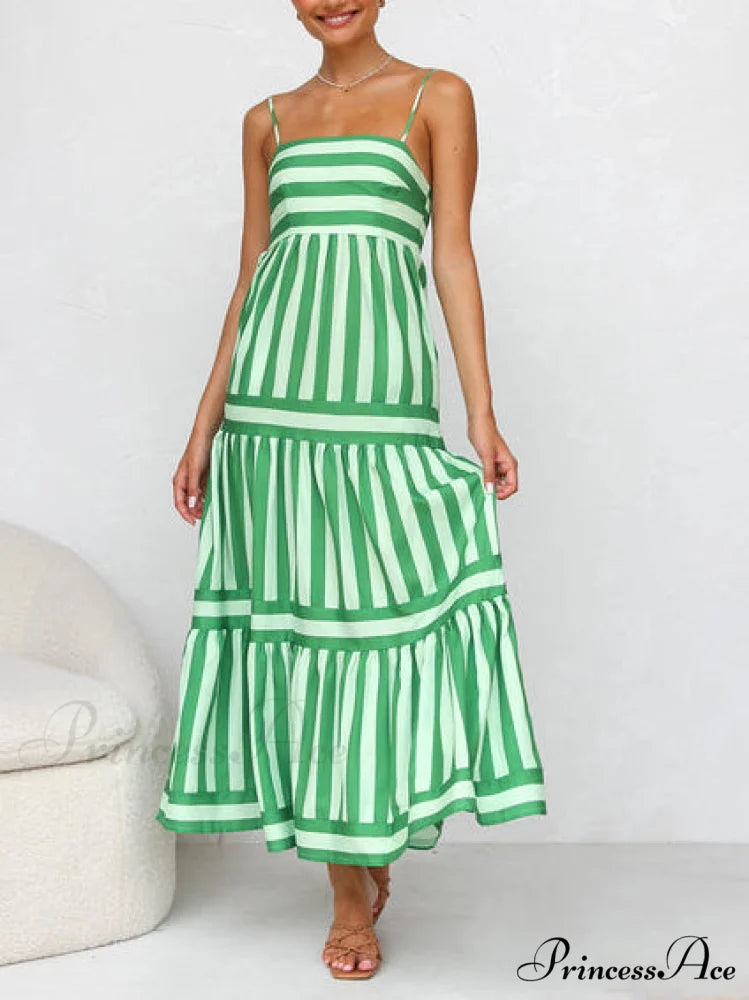 Suspender Open Back Striped Graceful Positioning Print Pocket Midi Dress Green / S