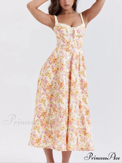 Suspender Patchwork Printed Charming Lace-Up Midi Dress