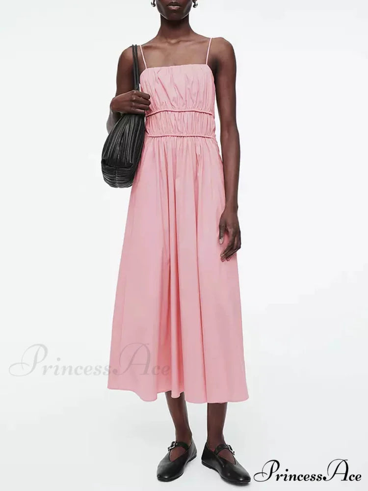 Suspender Pleated Stylish Waist Midi Dress Pink / S