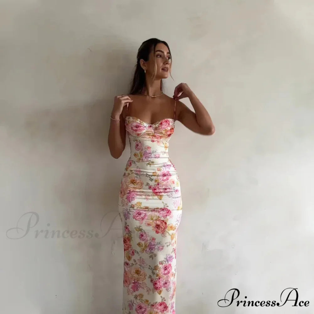 Suspender Split SlimSleeveless Beach Spaghetti Strap 2024 Summer Floral Dress