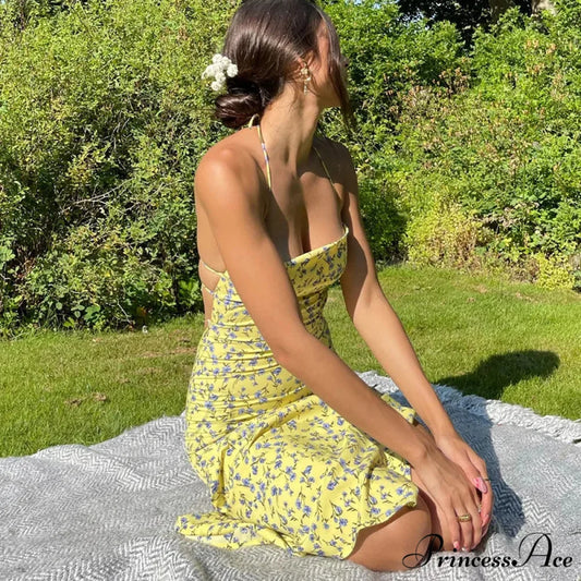 Suspender Split SlimSleeveless Beach Spaghetti Strap 2024 Summer Floral Dress