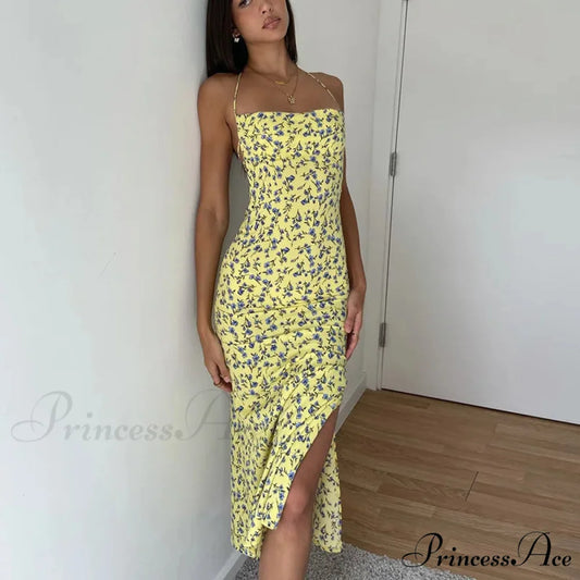 Suspender Split SlimSleeveless Beach Spaghetti Strap 2024 Summer Floral Dress YELLOW / S