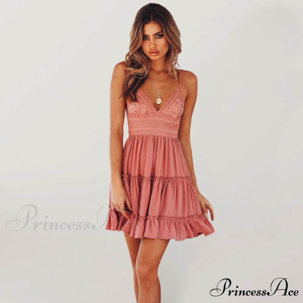 suspender Women’s dress for lace daily stitching vacation Pink / S