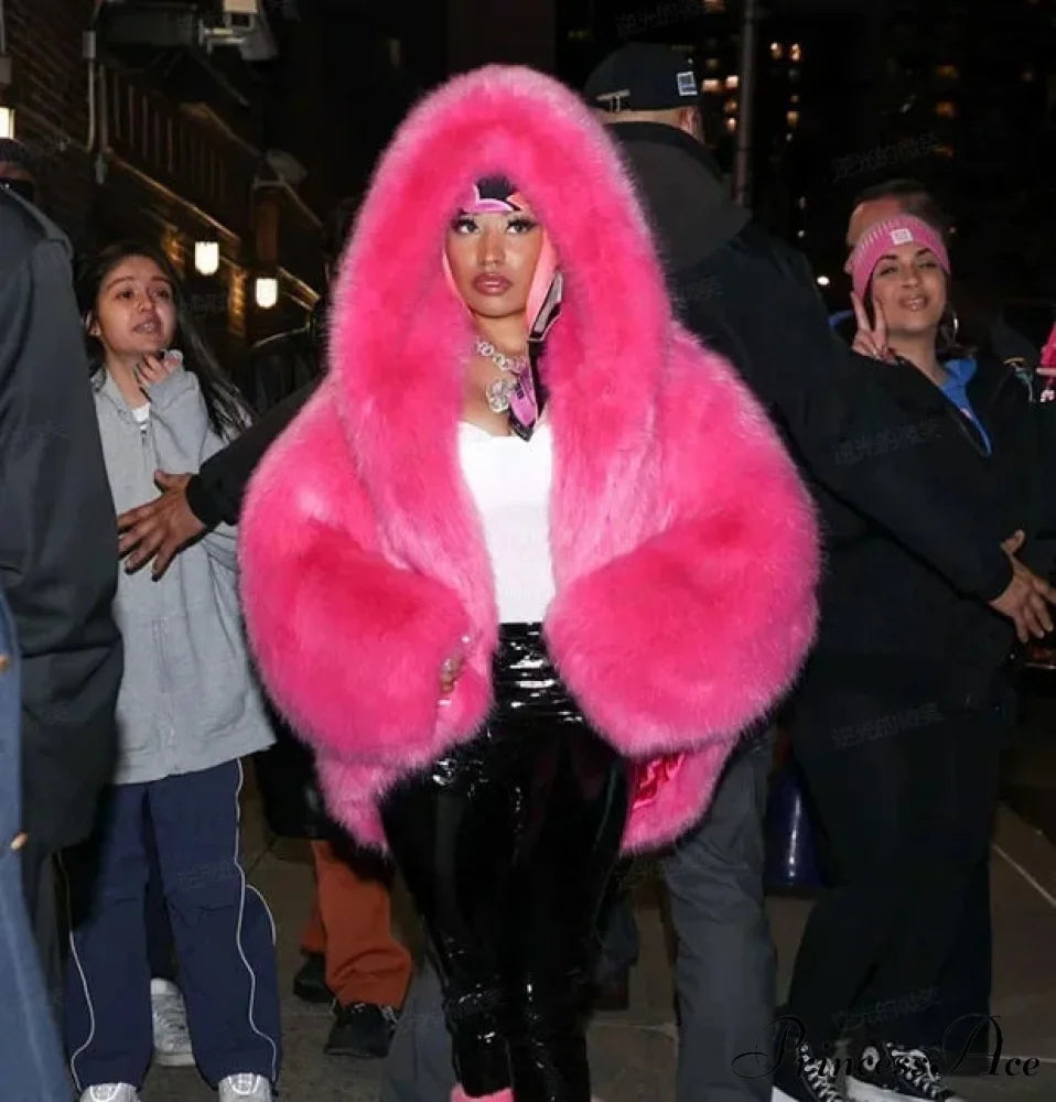 Sustainable Faux Fox Hooded Coat Rose Red / XS coats-241228