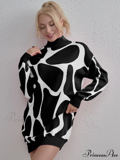 Sweater Gown with Mock Neck Contrast Black / One Size