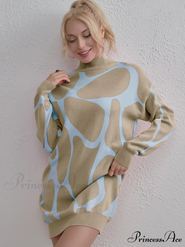 Sweater Gown with Mock Neck Contrast Khaki / One Size
