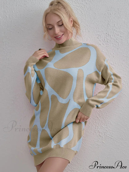 Sweater Gown with Mock Neck Contrast Khaki / One Size