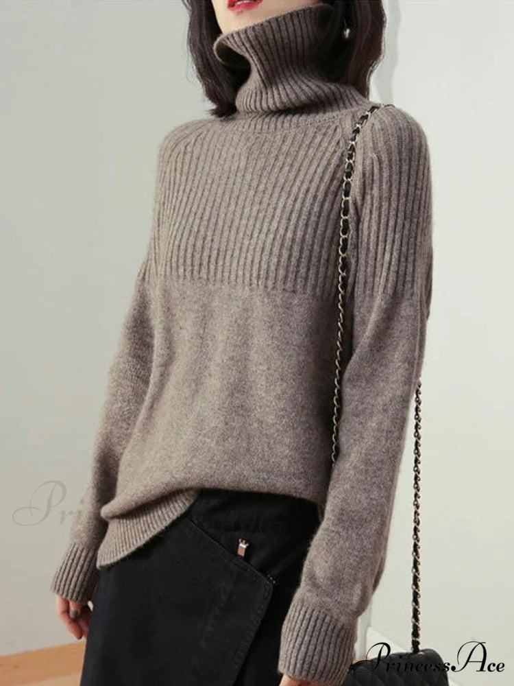 Sweater New Autumn/Winter Solid Neckline 2024 Color Winter Loose Blouse Pullover Ladies High Jumpers