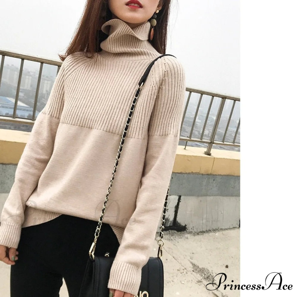 Sweater New Autumn/Winter Solid Neckline 2024 Color Winter Loose Blouse Pullover Ladies High Jumpers Beige / S