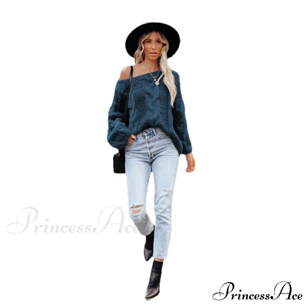 sweater style neck and knitted European Women’s loose - round - American pullover Denim Blue / S