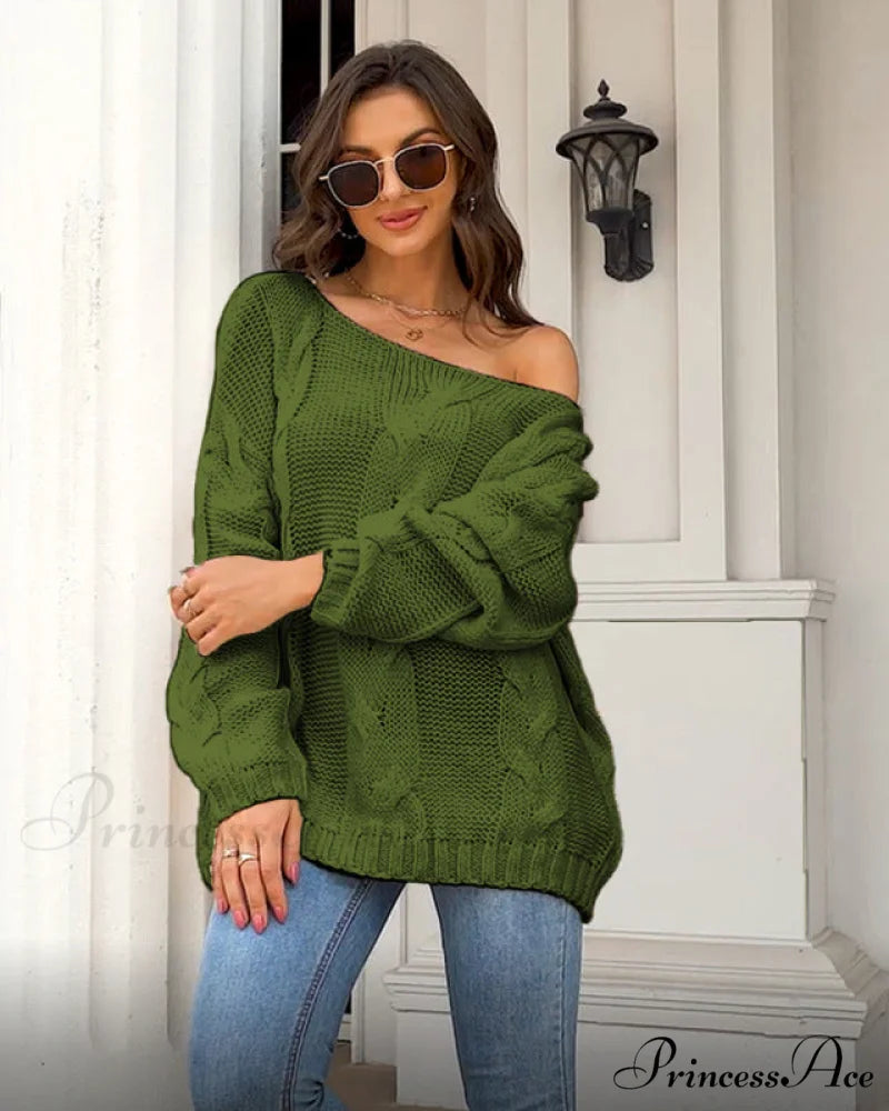 sweater style neck and knitted European Women’s loose - round - American pullover Green / S