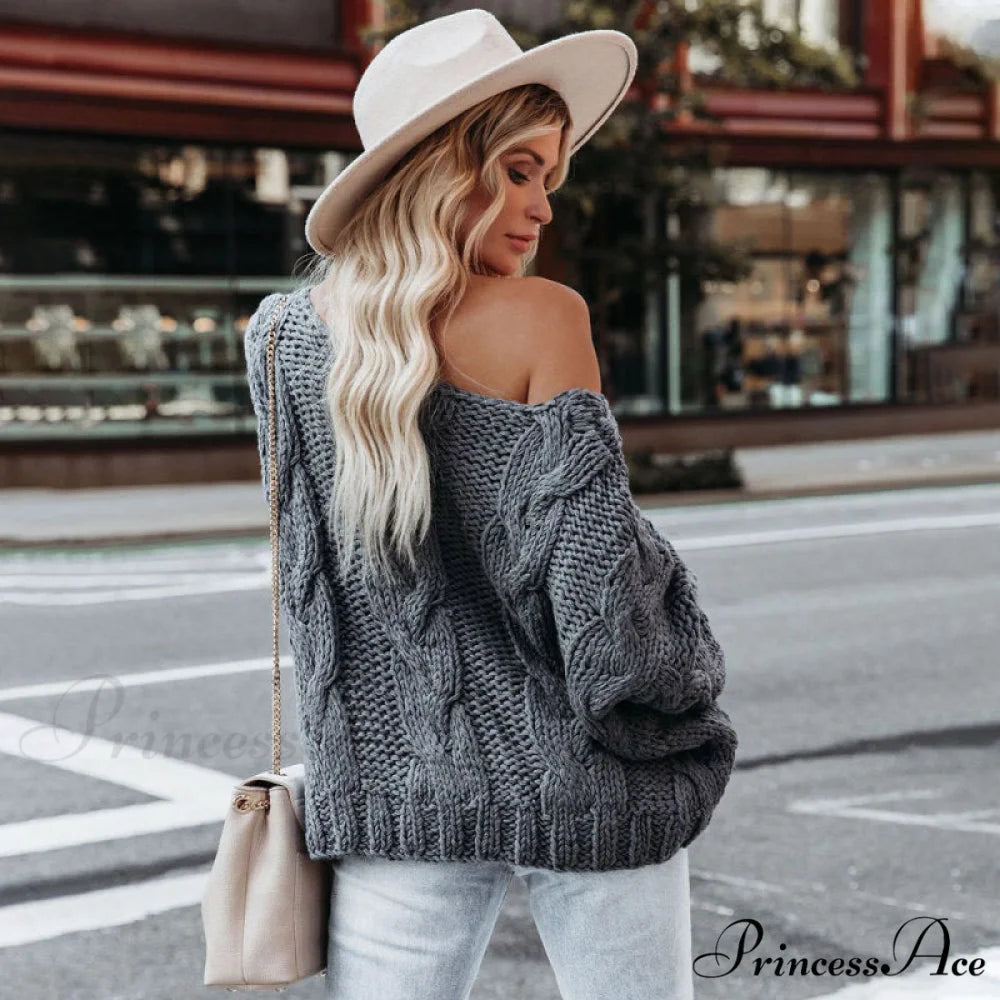 sweater style neck and knitted European Women’s loose - round - American pullover Grey / S