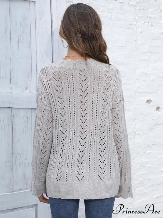 Sweater V-Neck with Openwork Design Charcoal / One Size