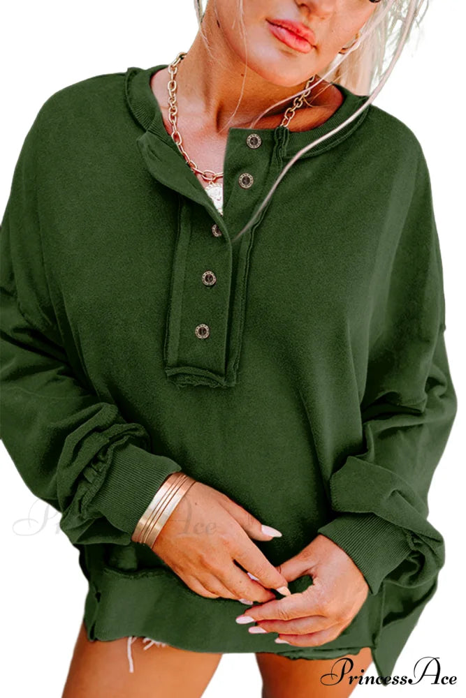 Sweatshirt Blackish Drop - Shoulder Henley Buttons Green