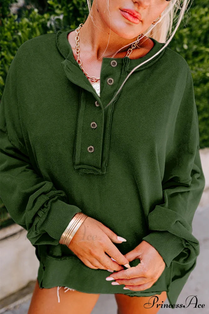 Sweatshirt Blackish Drop - Shoulder Henley Buttons Green Blackish Green / S / 85% Polyester + 15% Cotton