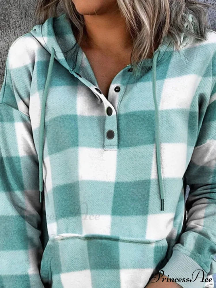 Sweatshirt Hoodie and Women’s Front Button Drawstring Plaid with Pocket