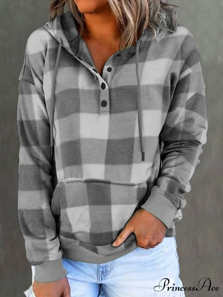Sweatshirt Hoodie and Women’s Front Button Drawstring Plaid with Pocket Gray / S