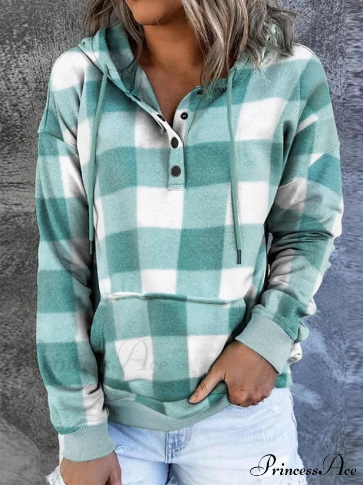 Sweatshirt Hoodie and Women’s Front Button Drawstring Plaid with Pocket Green / S
