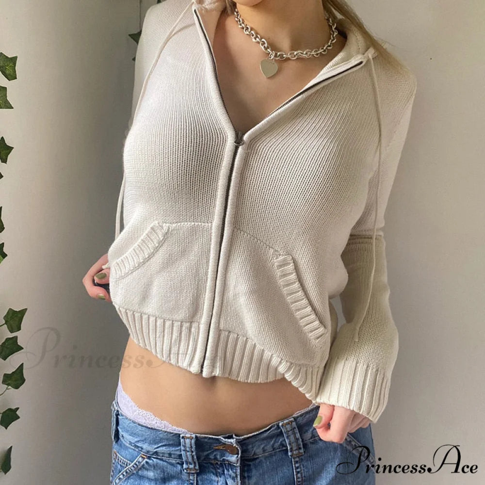 Sweatshirts Hoodies Zip-up Women閳ユ獨 Long Cardigan Solid Knit Y2K Color Drawstring Casual Sweaters Arm Clothing